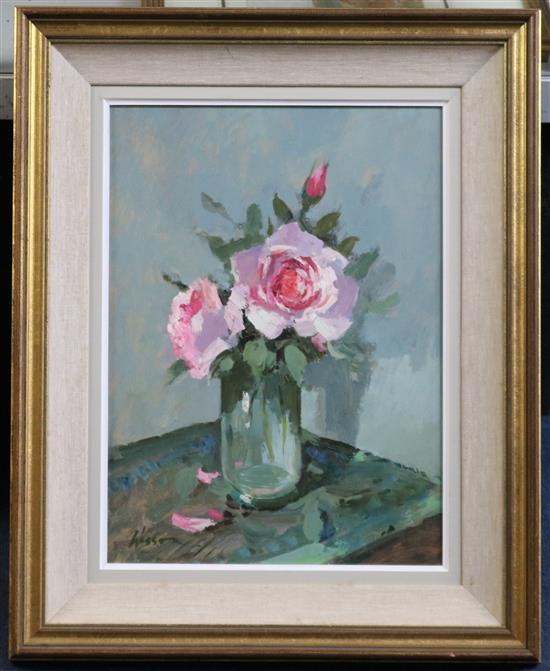 Edward Wesson (1910-1983) Pink roses in a glass vase, 15.5 x 11in.